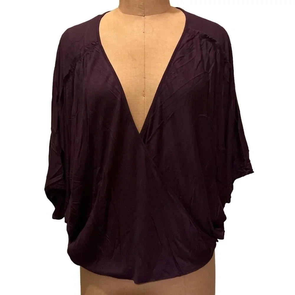 Dollz Eggplant V-neck Open Front Wrap Pullover Top Size L